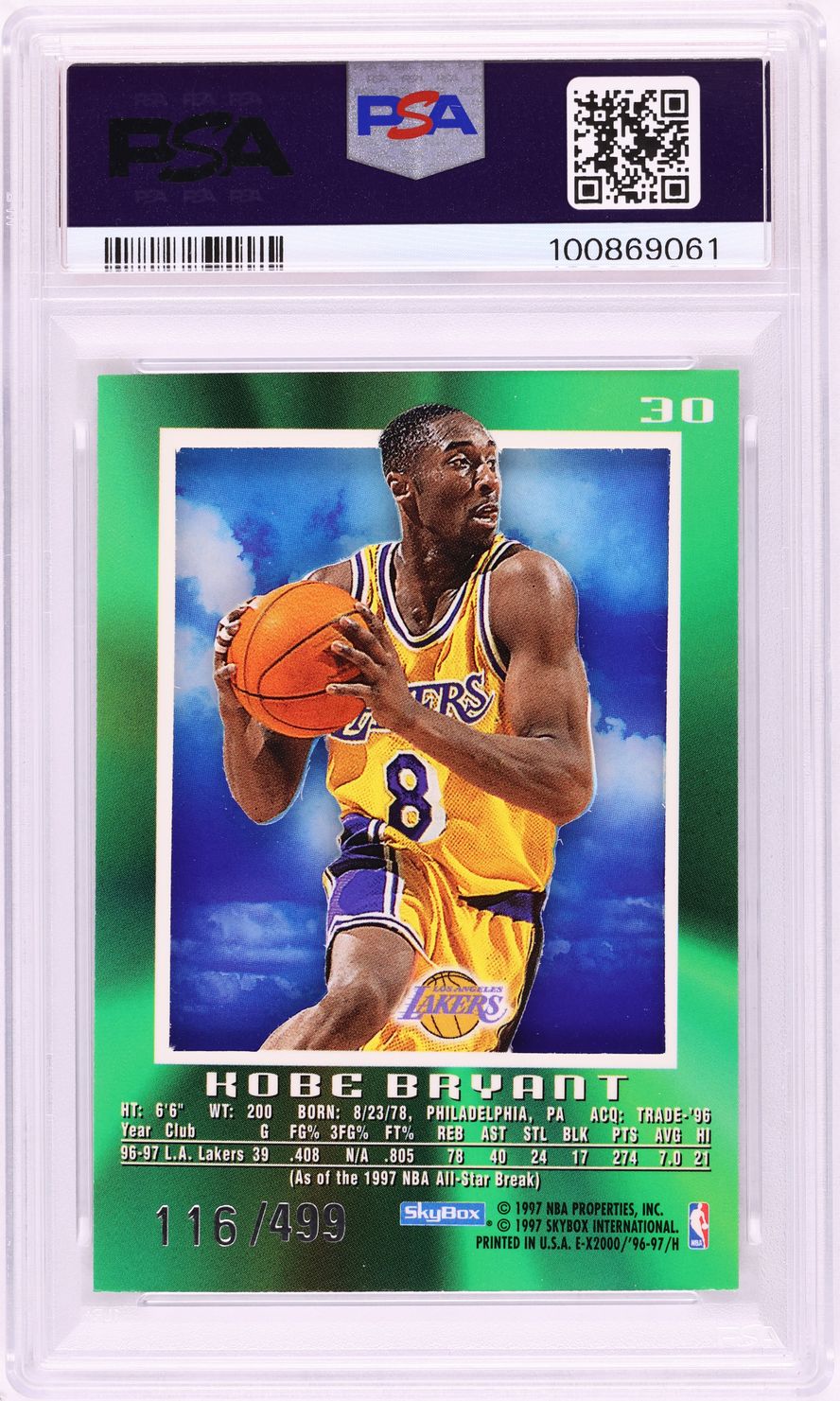1996 Skybox E-X2000 Credentials Kobe Bryant ROOKIE /499 #30 PSA AUTH
