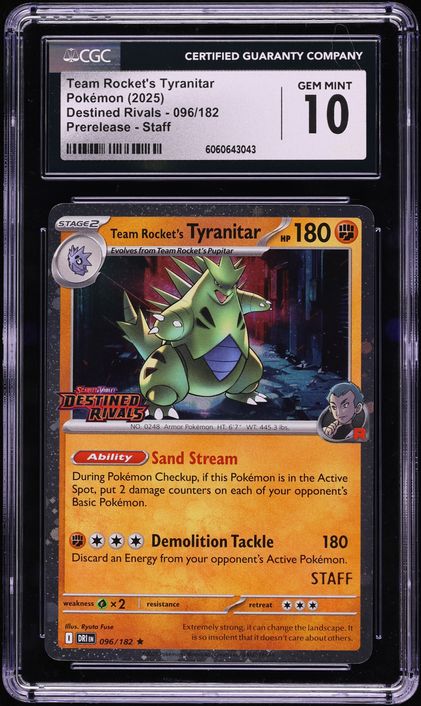 2025 Pokemon SV Destined Rivals Prerelease Staff Team Rocket's Tyranitar #96 CGC 10 GEM MINT