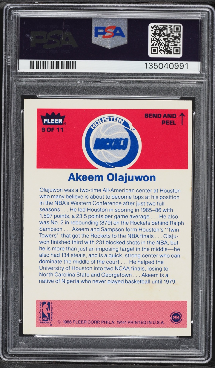 1986 Fleer Sticker Basketball Hakeem Olajuwon ROOKIE #9 PSA 6 EXMT