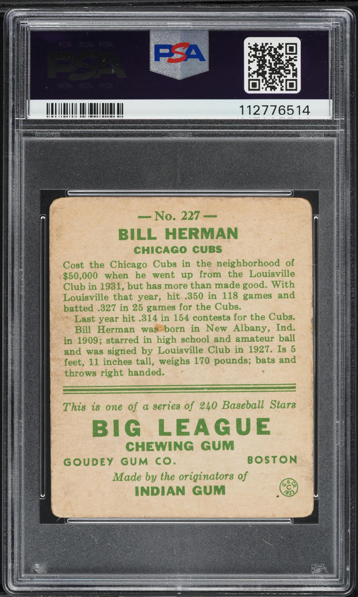 1933 Goudey Bill Herman #227 PSA 2 GD