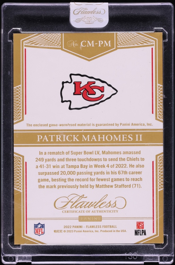 2022 Panini Flawless Career Milestones Patrick Mahomes II PATCH JERSEY # 15/15 #CM-PM