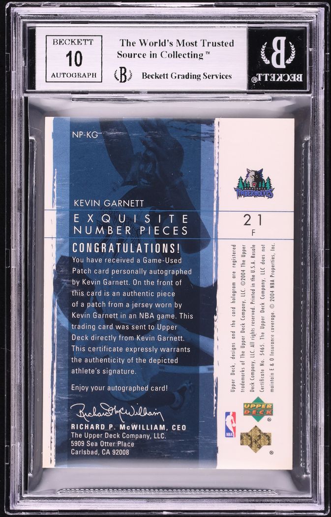 2003 Exquisite Collection Number Pieces Kevin Garnett PATCH AUTO /21 #NP-KG BGS 9 MINT