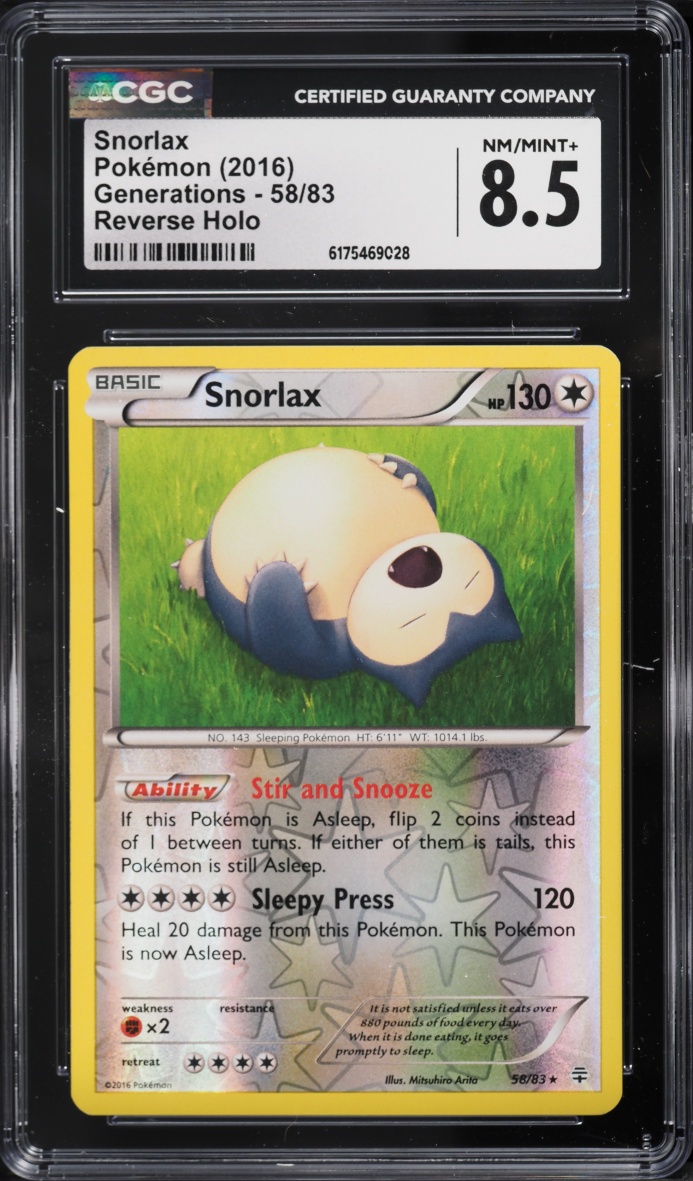 2016 Pokemon XY Generations Reverse Holo Snorlax #58 CGC 8.5 NM-MT+