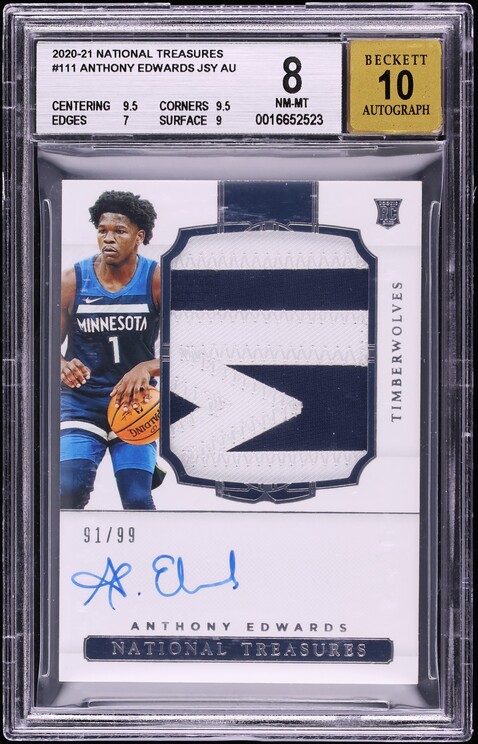 2020 National Treasures Anthony Edwards ROOKIE PATCH AUTO /99 #111 BGS 8 NM-MT