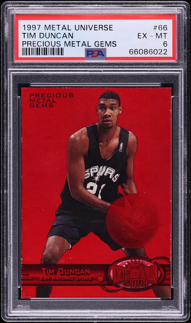 1997 Metal Universe Precious Metal Gems PMG Red Tim Duncan ROOKIE /100 #66 PSA 6 EXMT - Photo 1