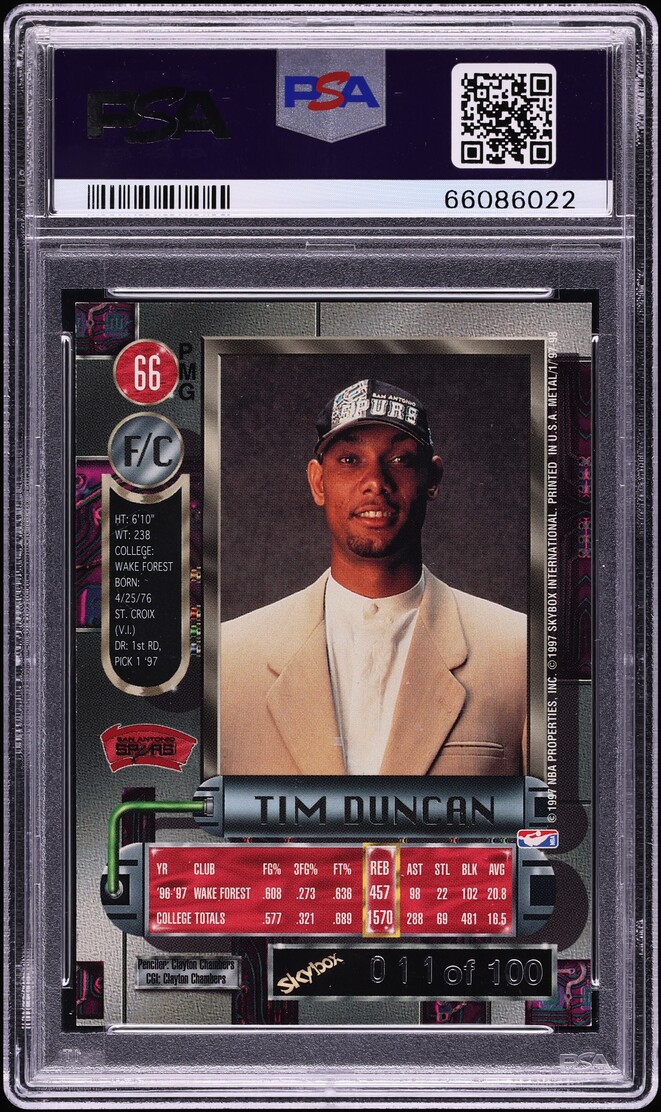 1997 Metal Universe Precious Metal Gems PMG Red Tim Duncan ROOKIE /100 #66 PSA 6 EXMT - Photo 2
