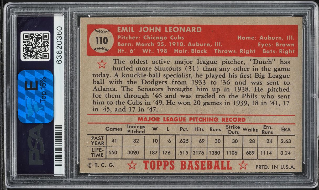 1952 Topps Dutch Leonard #110 PSA 7 NRMT