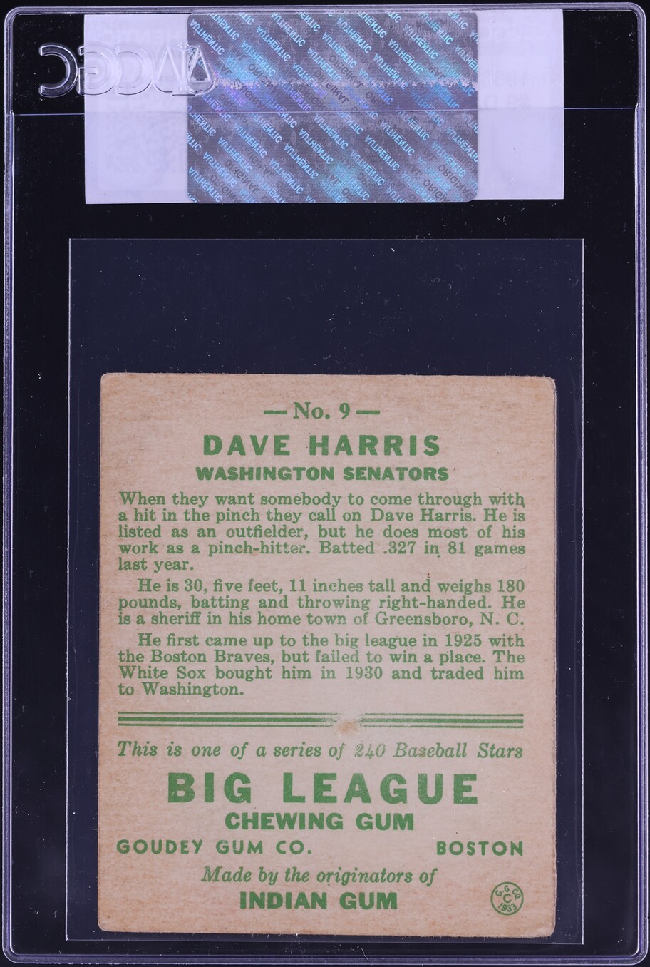 1933 Goudey Dave Harris #9 CGC AUTH