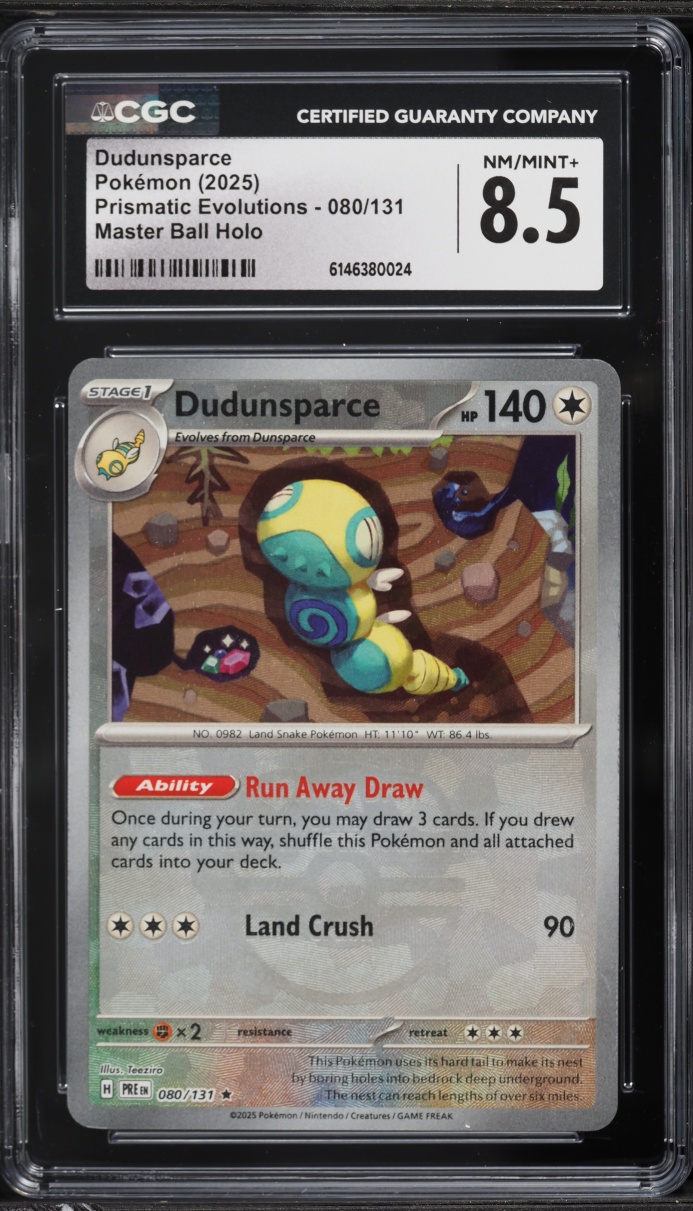 2025 Pokemon SV Prismatic Evolutions Master Ball Holo Dudunsparce #80 CGC 8.5 NM-MT+