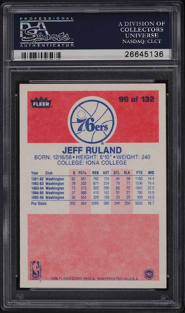 1986 Fleer Basketball Jeff Ruland #96 PSA 9 MINT