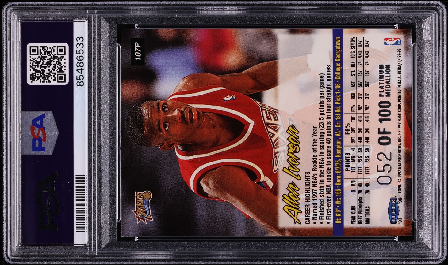 1997 Ultra Platinum Medallion Allen Iverson /100 #107P PSA 8 NM-MT