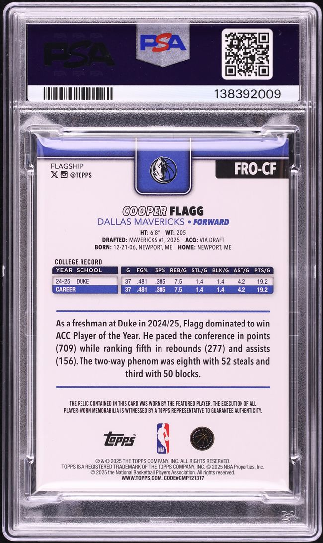 2025 Topps Flagship Real One Foilfractor Cooper Flagg ROOKIE PATCH 1/1 #FRO-CF PSA AUTH