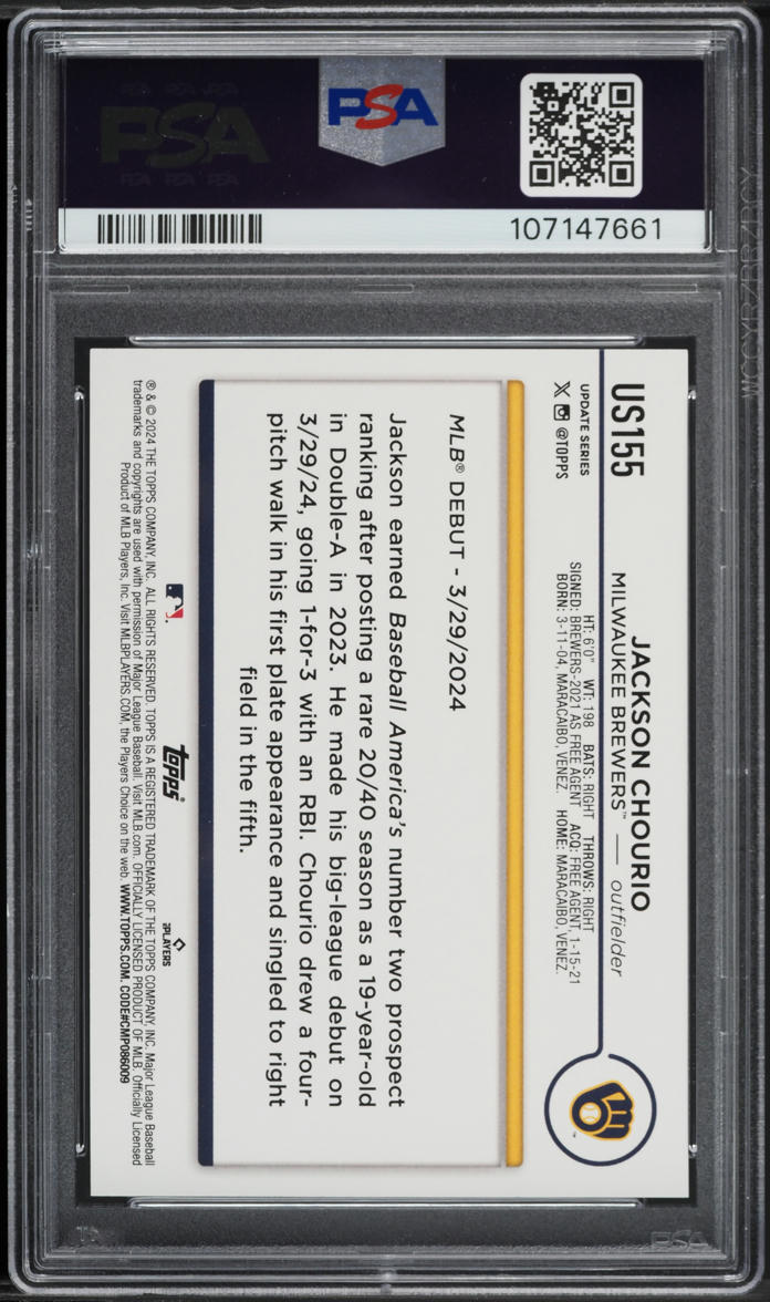 2024 Topps Update Royal Blue Jackson Chourio ROOKIE #US155 PSA 8 NM-MT