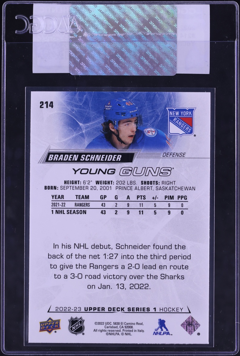 2022 Upper Deck Young Guns Braden Schneider ROOKIE #214 CGC AUTH