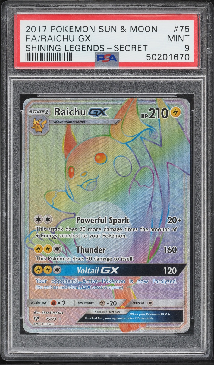 2017 Pokemon Sun & Moon Shining Legends Rainbow Rare Raichu GX #75 PSA 9 MINT