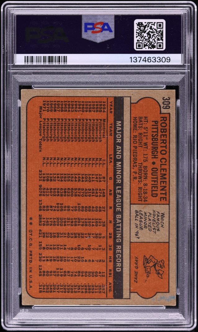 1972 Topps Roberto Clemente AUTO DNA 10 #309 PSA AUTH