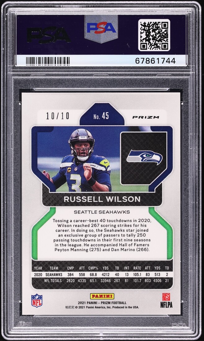 2021 Panini Prizm Gold Russell Wilson 10/10 #45 PSA 9 MINT - Photo 2