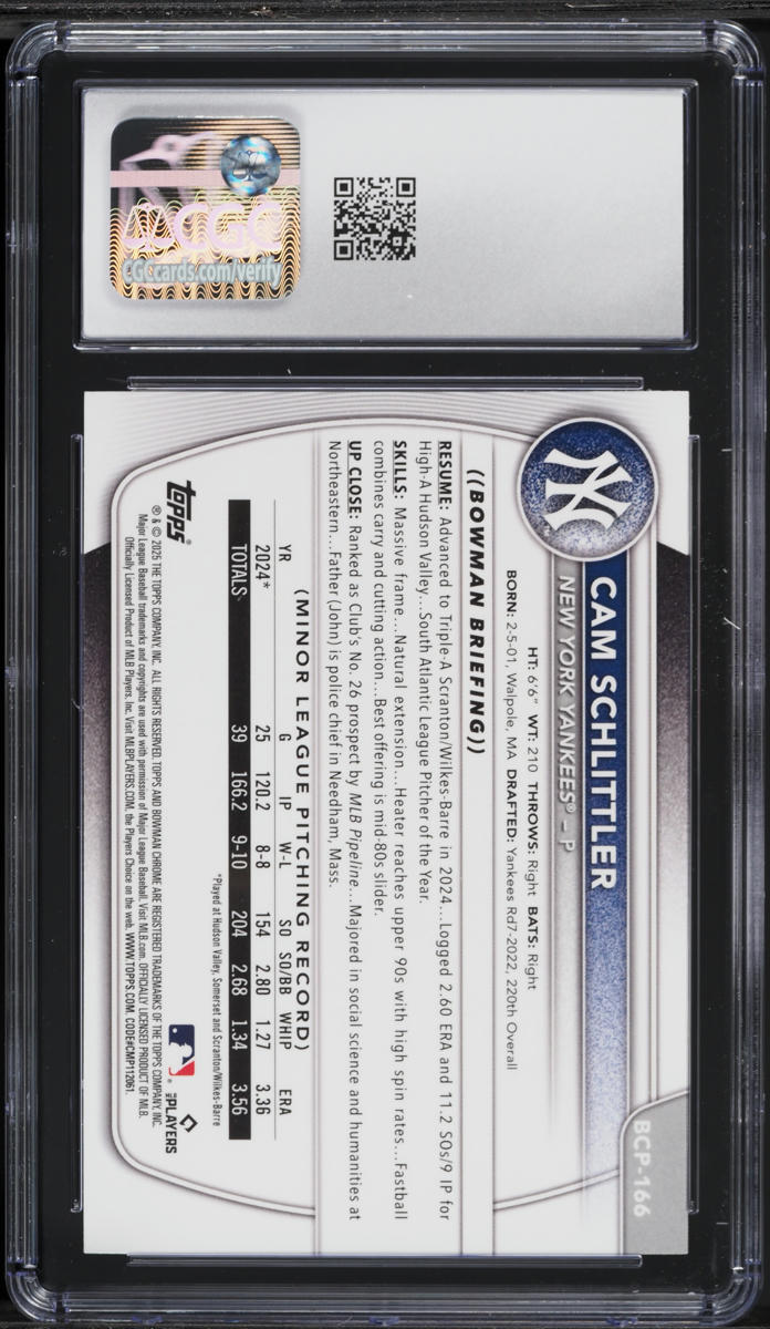 2025 Bowman Chrome Cam Schlittler PROSPECT #BCP-166 CGC 9 MINT