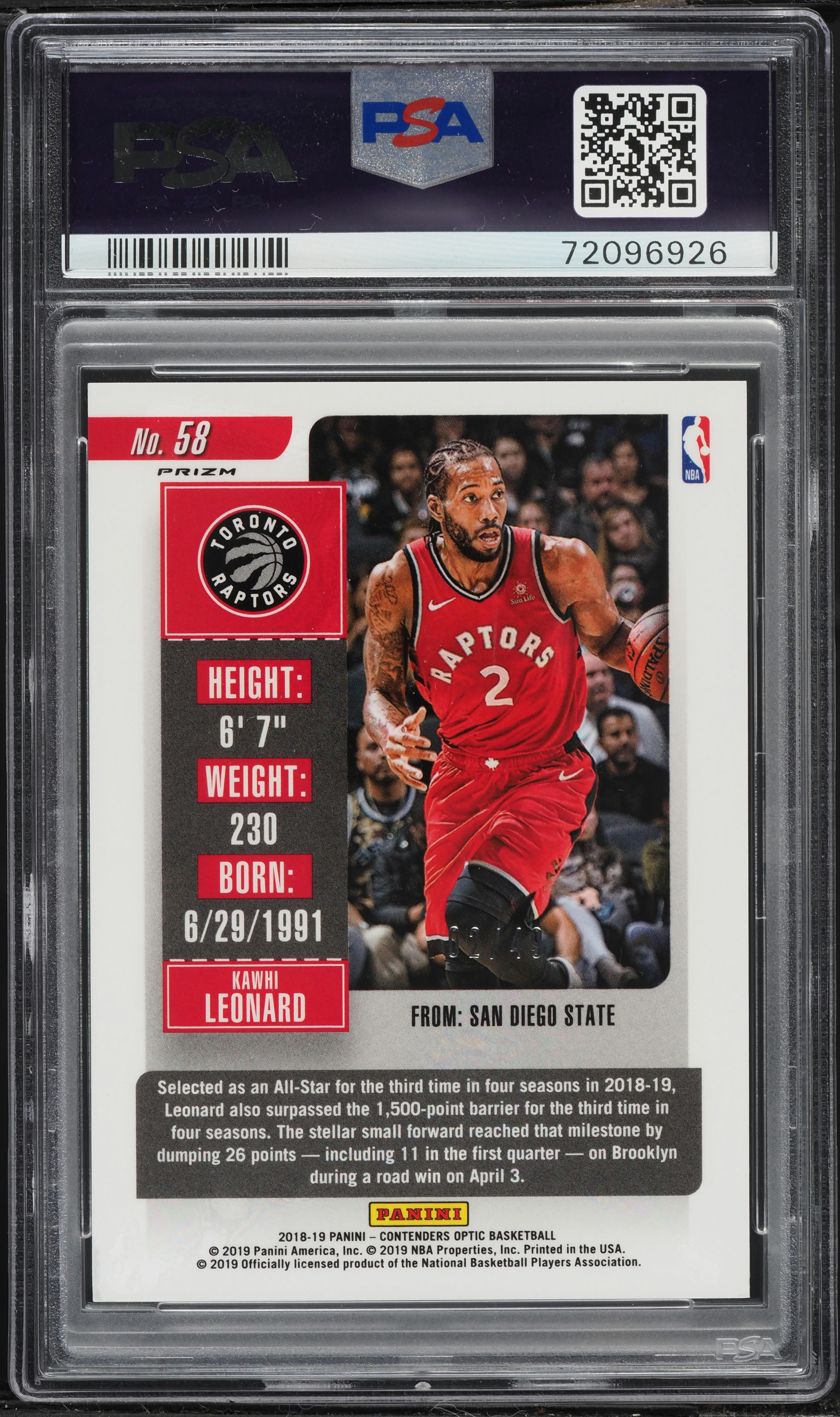 2018 Panini Contenders Optic Orange Kawhi Leonard /49 #58 PSA 10