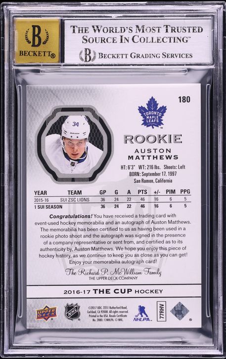 2016 Upper Deck The Cup Auston Matthews ROOKIE PATCH AUTO /99 #180 BGS 9 MINT