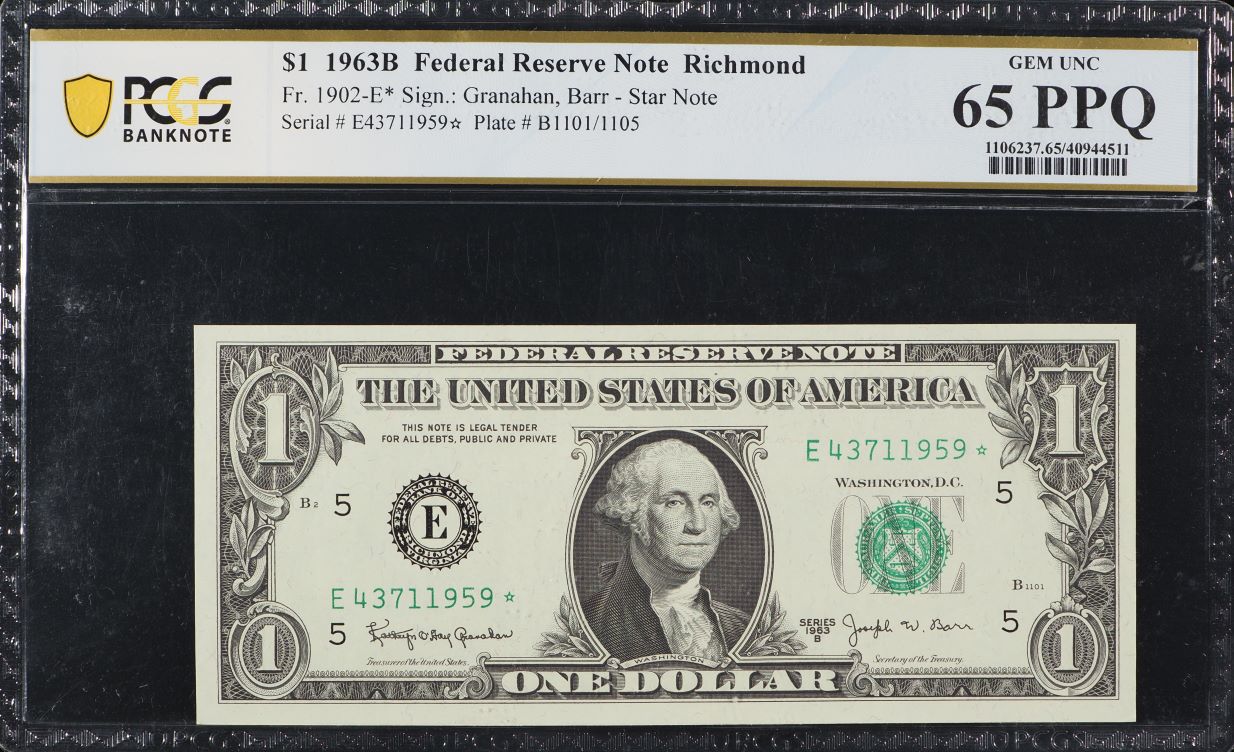 1963-B Fr. 1902-E* $1 Federal Reserve Note PCGS Banknote 65 PPQ (Star ...