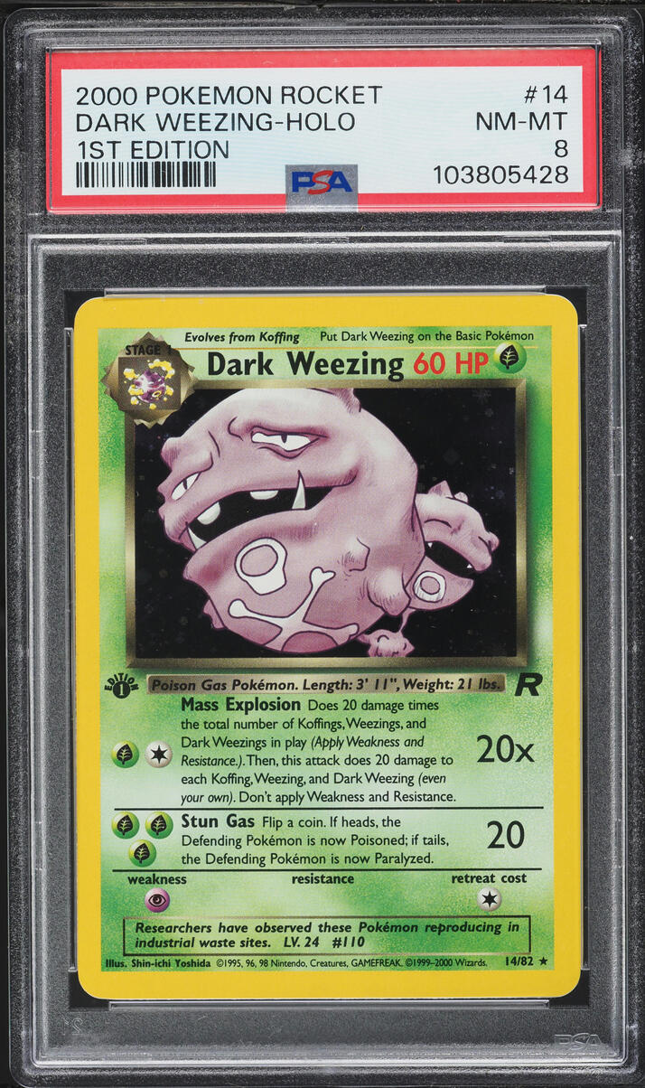 2000 Pokemon Team Rocket 1st Edition Holo Dark Weezing #14 PSA 8 NM-MT