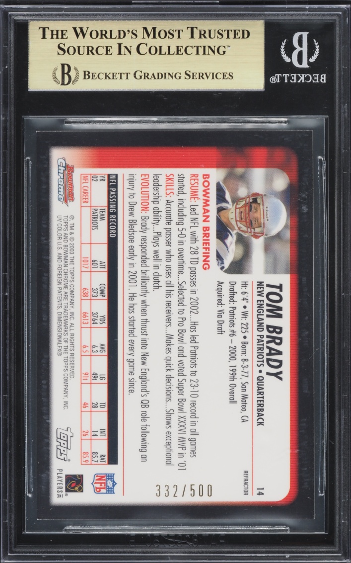 2003 Bowman Chrome Refractor Tom Brady /500 #14 BGS 9.5 GEM MINT