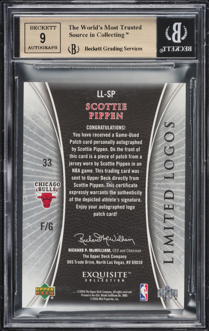 2005 Exquisite Collection Limited Logos Scottie Pippen PATCH AUTO /50 #LL-SP BGS 9.5 GEM MINT