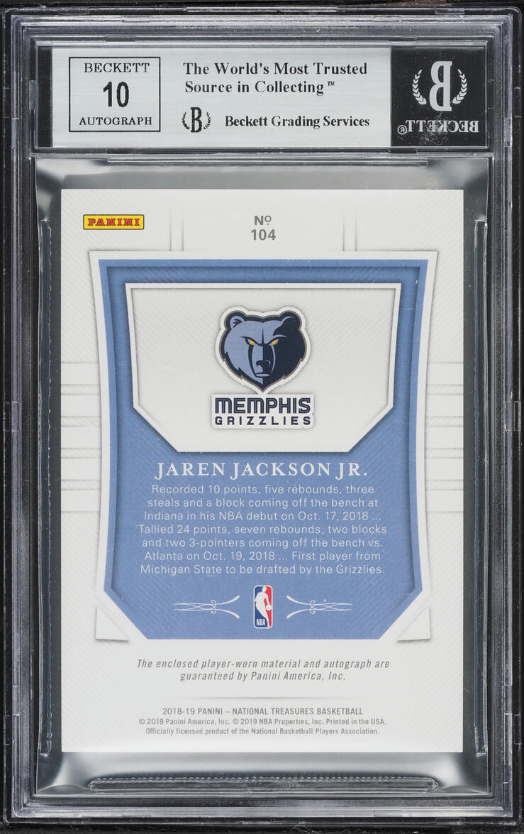 2018 National Treasures Jaren Jackson Jr. ROOKIE PATCH AUTO /99 #104 BGS 9 MINT