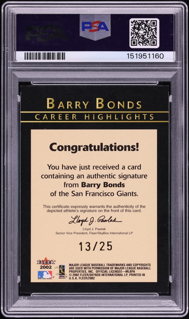 2002 Fleer Bonds Career Highlights Barry Bonds AUTO DNA 10 /25 #8 PSA 7 NRMT - Photo 2
