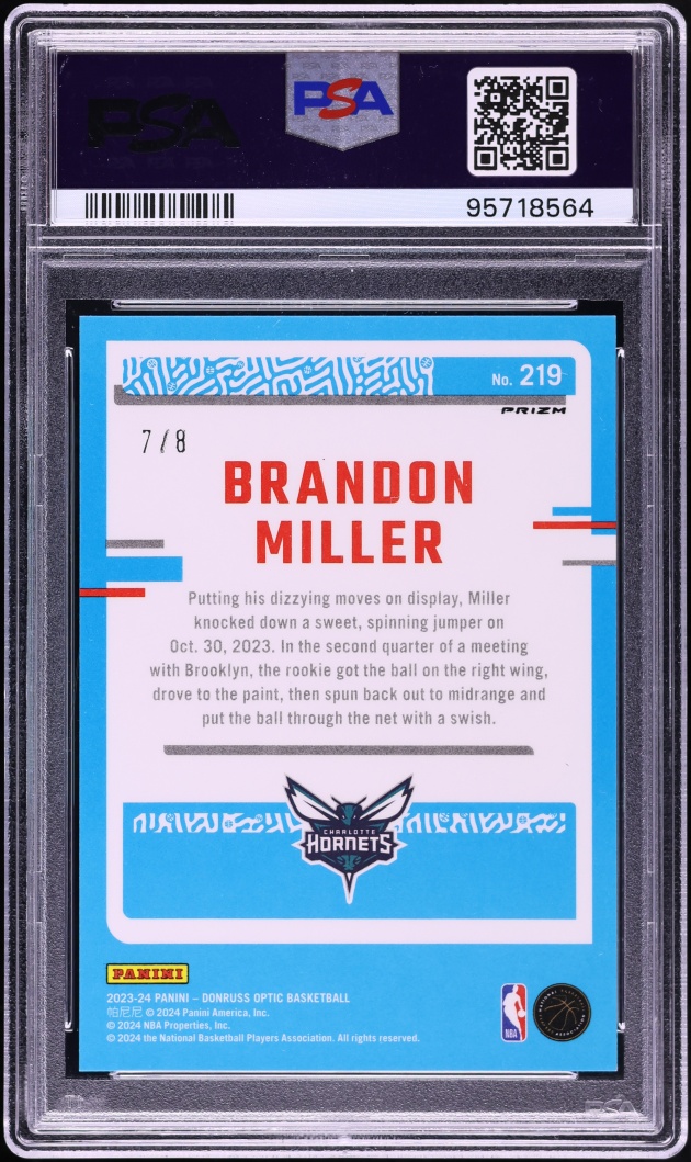 2023 Donruss Optic Black Gold Choice Brandon Miller ROOKIE /8 #219 PSA 9 MINT - Photo 2