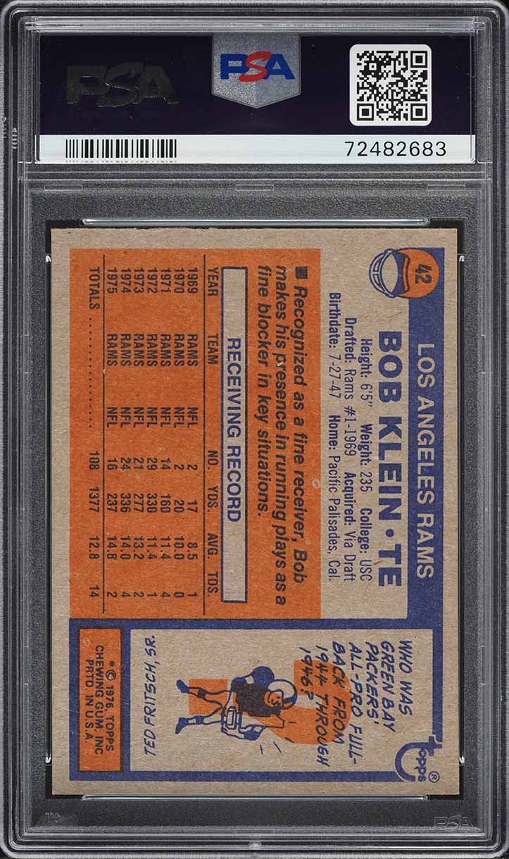 1976 Topps Football Bob Klein #42 PSA 10 GEM MINT