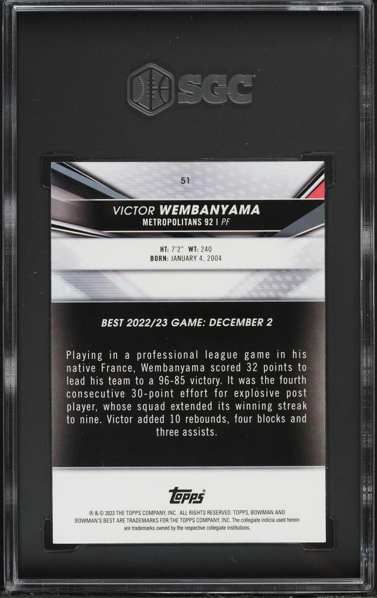 2022 Bowman University Best Victor Wembanyama ROOKIE #51 SGC 9.5 MINT+