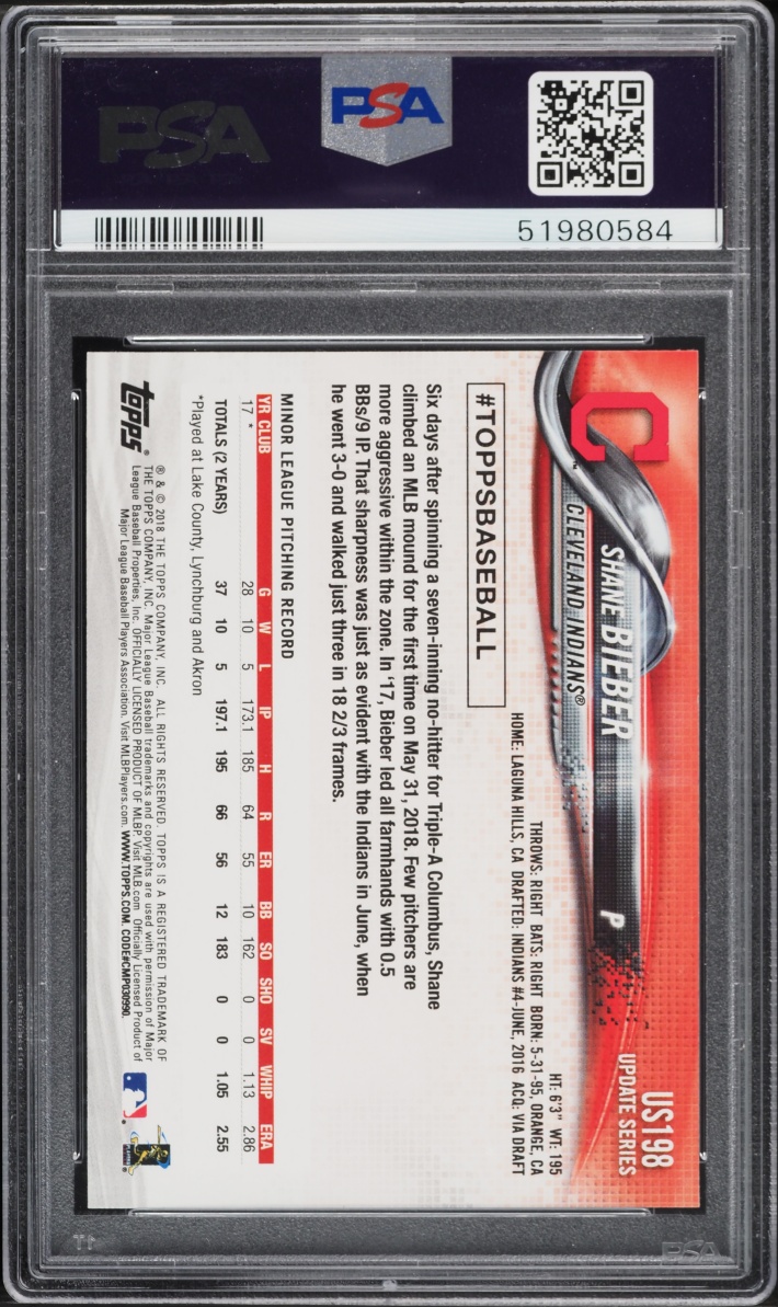2018 Topps Update Shane Bieber ROOKIE #US198 PSA 9 MINT