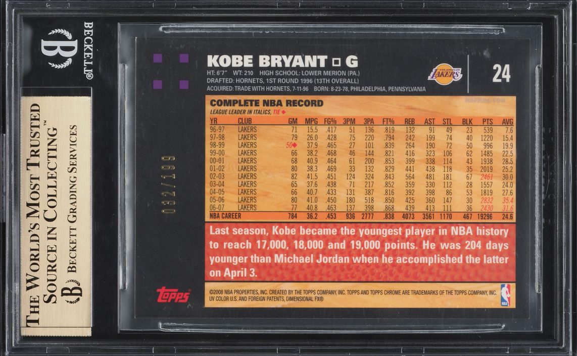 2007 Topps Chrome Orange Refractor Kobe Bryant /199 #24 BGS 9.5 GEM MINT
