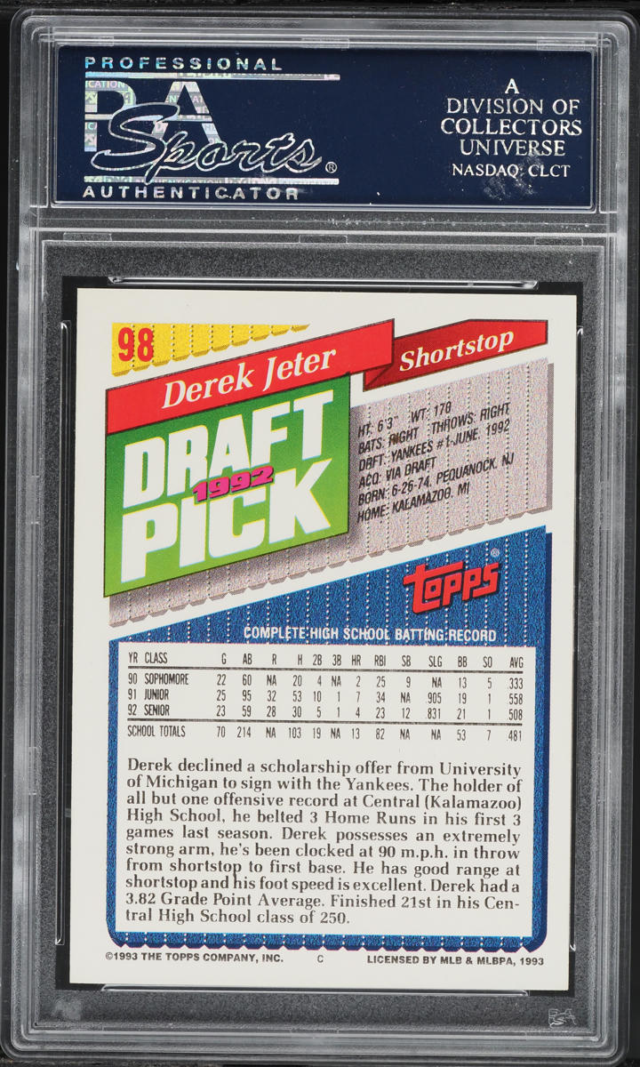 1993 Topps Gold Derek Jeter ROOKIE #98 PSA 10 GEM MINT
