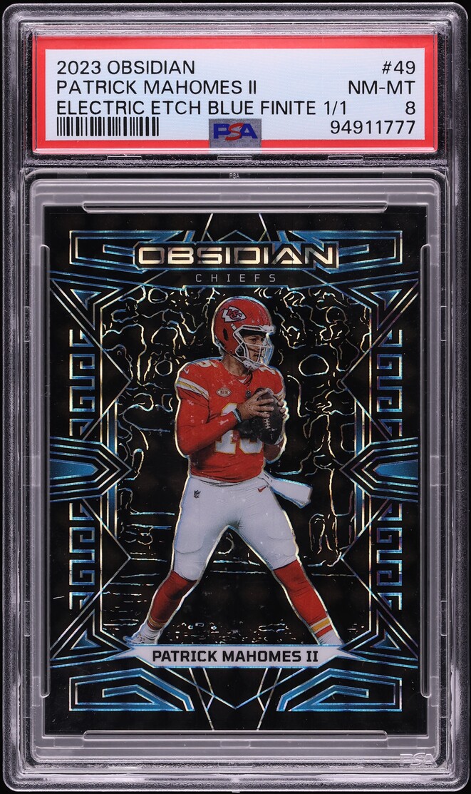 2023 Panini Obsidian Electric Etch Blue Finite Patrick Mahomes II 1/1 #49 PSA 8 NM-MT - Photo 1