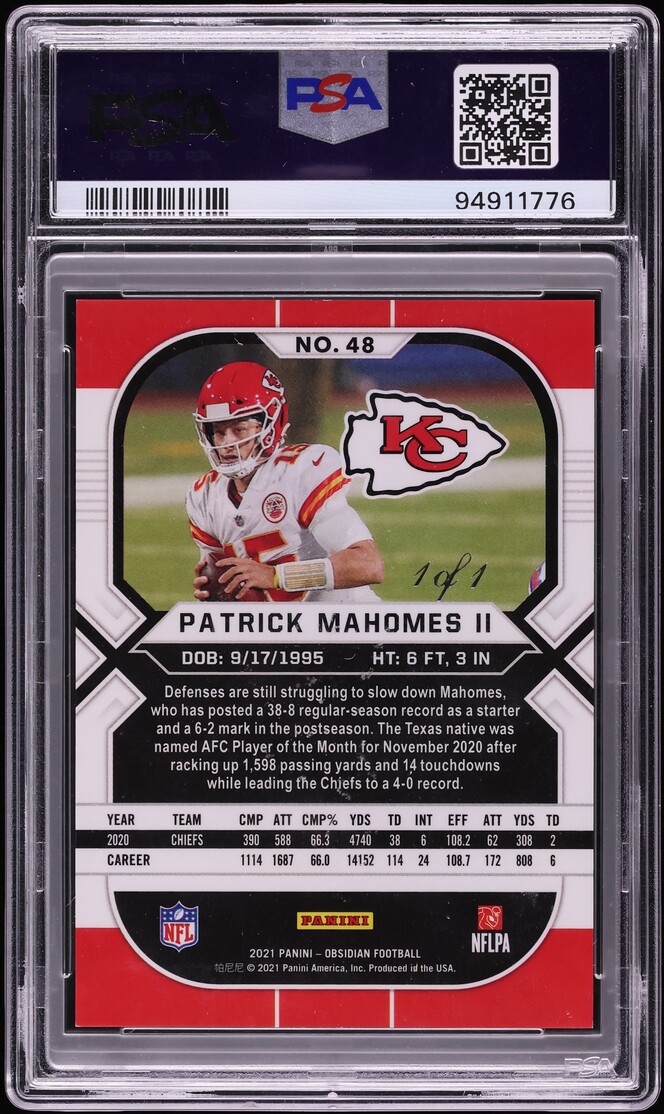 2021 Panini Obsidian Electric Etch Blue Finite Patrick Mahomes II 1/1 #48 PSA 9 MINT - Photo 2