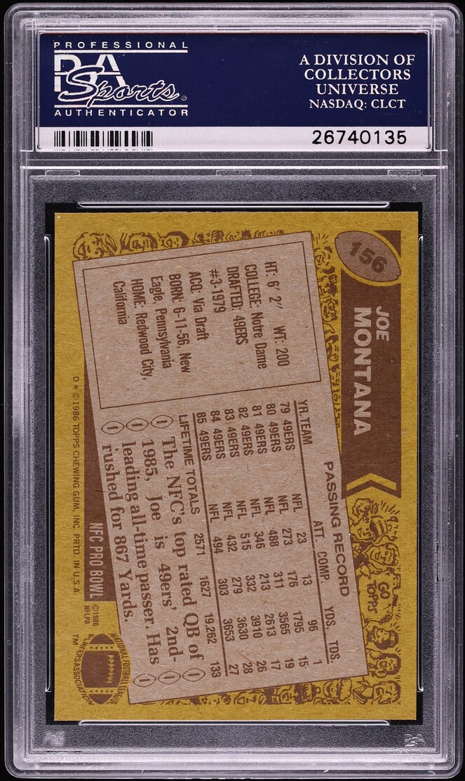 1986 Topps Football Joe Montana #156 PSA 10 GEM MINT - Photo 2