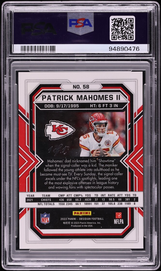 2022 Panini Obsidian Electric Etch Blue Finite Patrick Mahomes II 1/1 #58 PSA 9 MINT - Photo 2