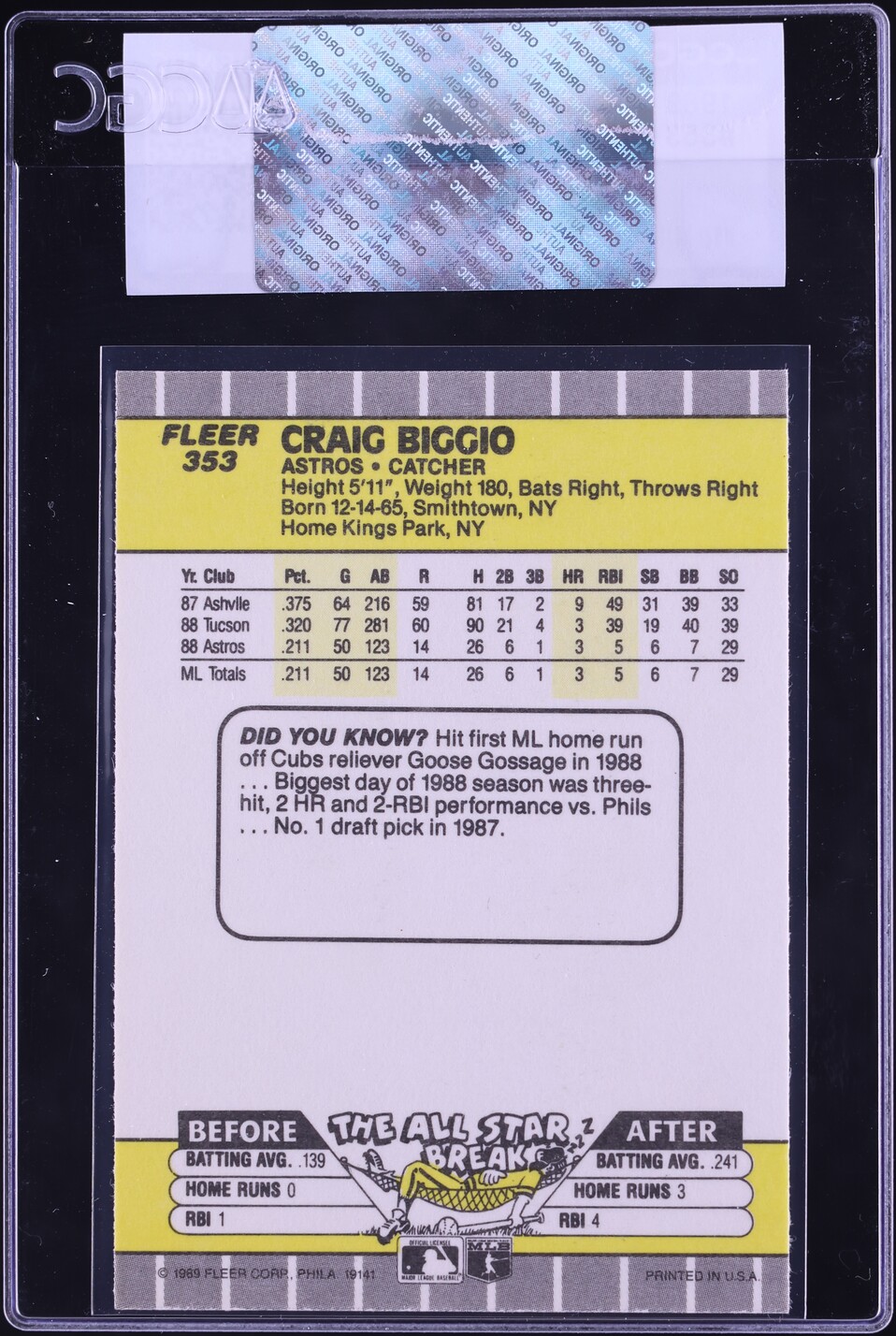 1989 Fleer Craig Biggio ROOKIE #353 CGC AUTH