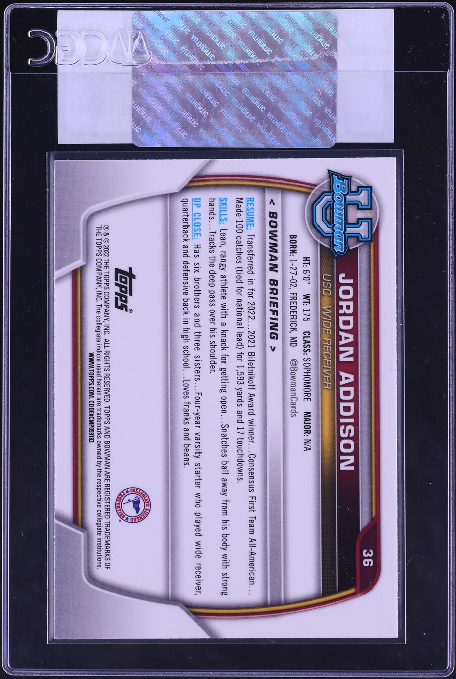 2022 Bowman Chrome University Jordan Addison ROOKIE #36 CGC AUTH