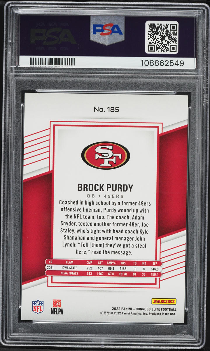 2022 Donruss Elite Status Explosion Brock Purdy ROOKIE /499 #185 PSA 10 GEM MINT