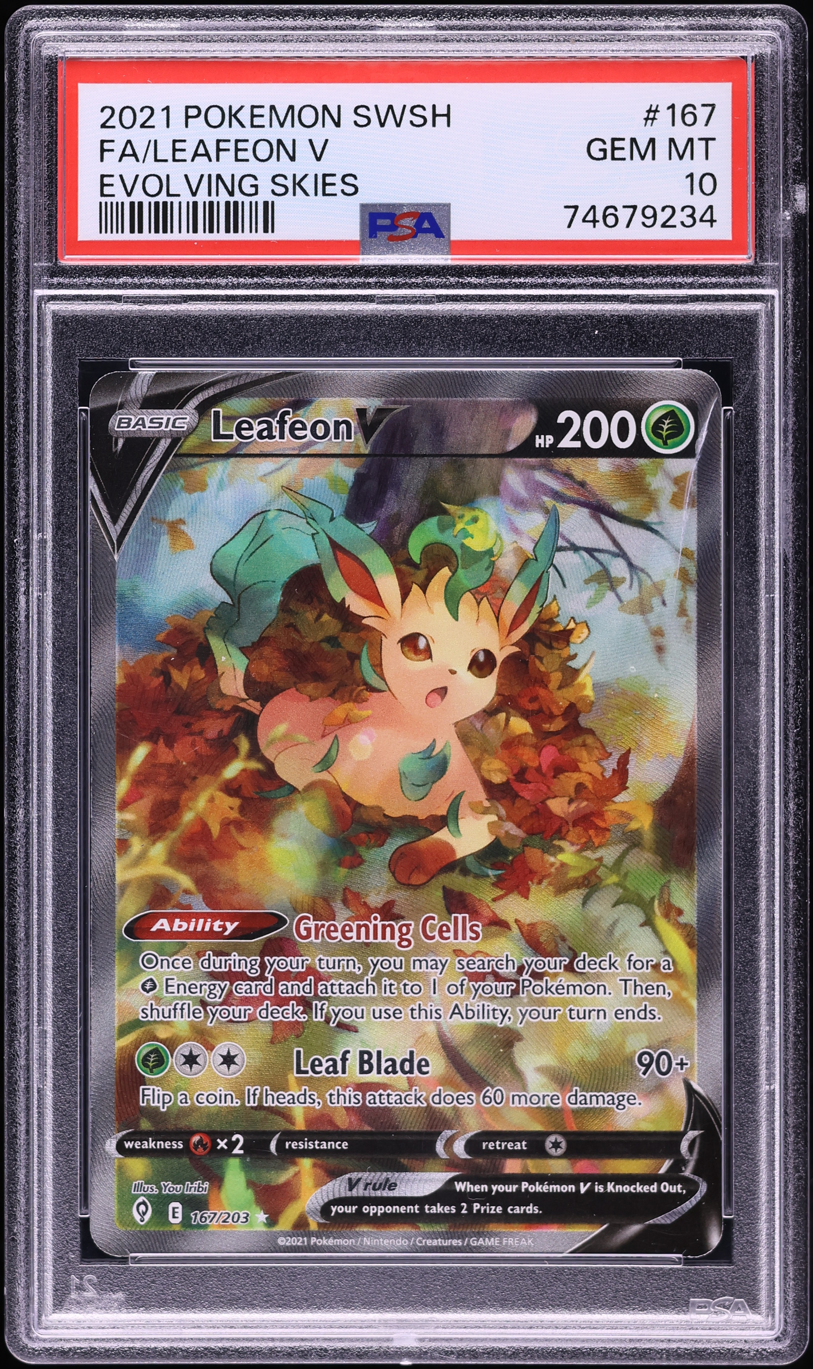 2021 Pokemon Sword & Shield Evolving Skies Full Art Leafeon V #167 PSA 10 GEM MINT