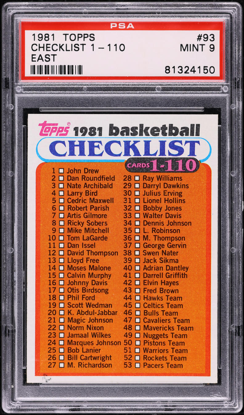 1981 Topps Basketball Checklist 1-110 EAST #93 PSA 9 MINT