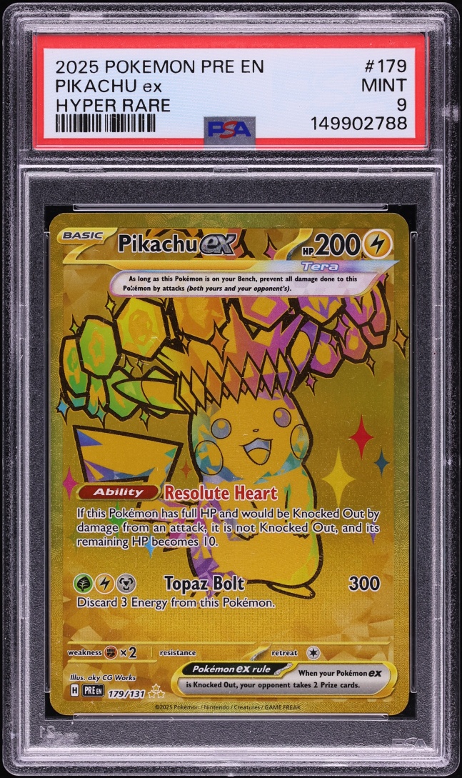 2025 Pokemon Scarlet & Violet Prismatic Evolutions Gold Rare Pikachu ex #179 PSA 9 MINT