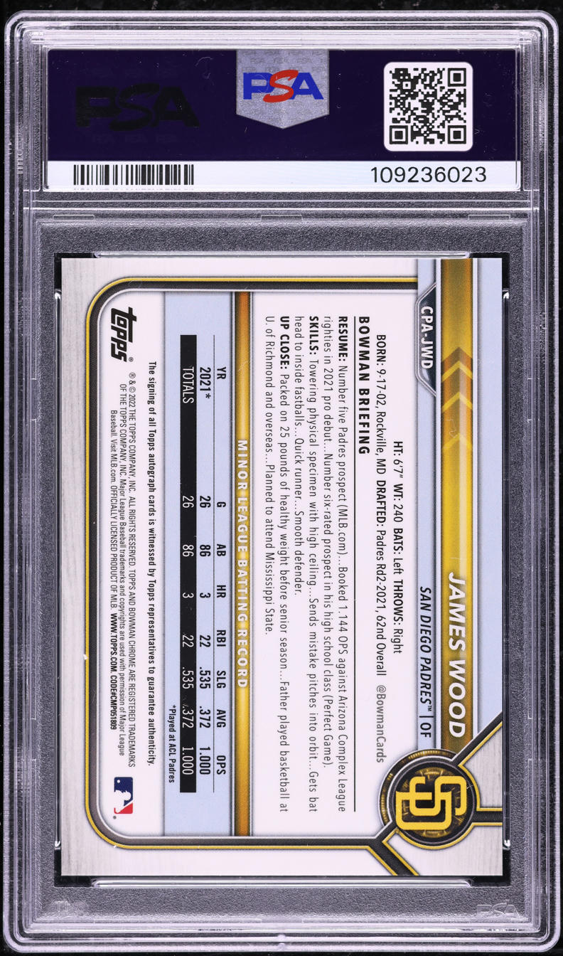 2022 Bowman Chrome Orange Refractor James Wood PROSPECT AUTO /25 PSA 10 GEM MINT