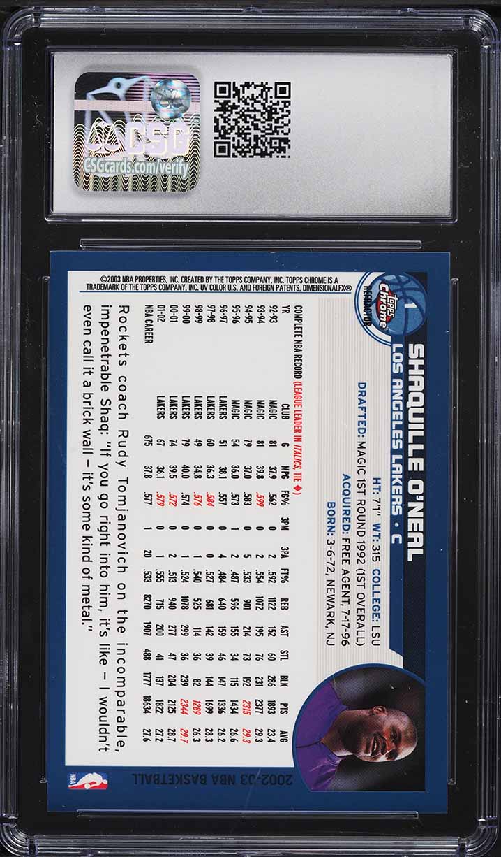 2002 Topps Chrome Refractor Shaquille O'Neal #1 CSG 9.5 GEM MINT
