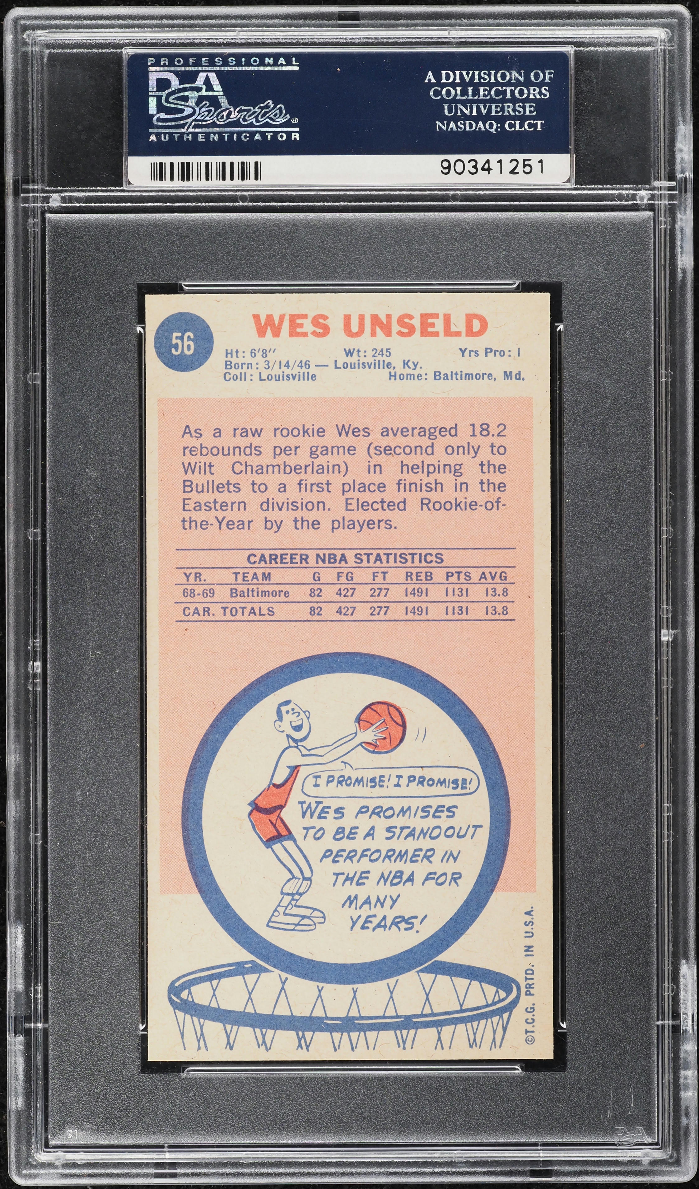 1969 Topps Basketball Wes Unseld ROOKIE #56 PSA 10 GEM MINT
