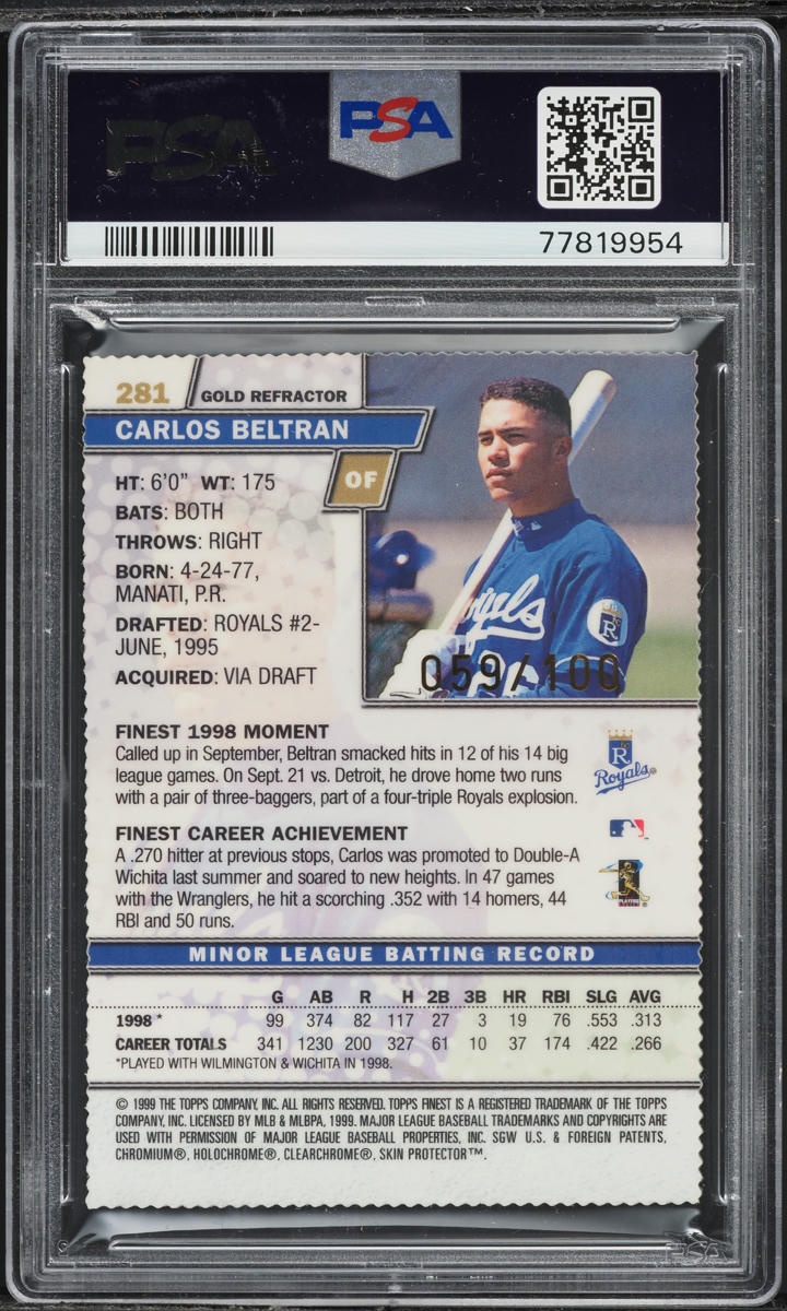 1999 Finest Gold Refractor w/Coating Carlos Beltran ROOKIE /100 #281 PSA 8 NM-MT